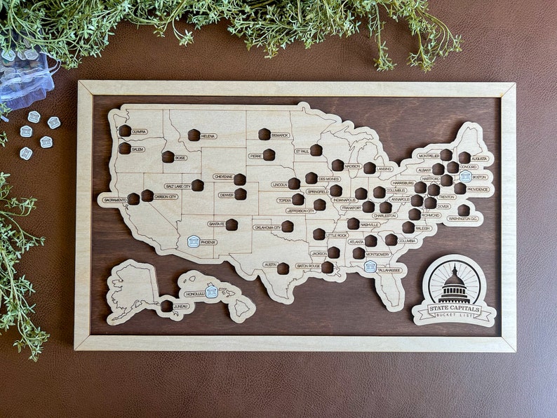 U.S. State Capitals Bucket List Map – Wooden Travel Tracker With Tokens ...