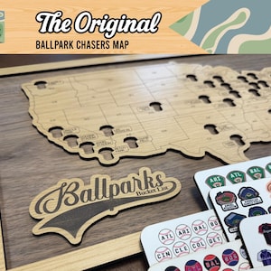Baseball Ballparks Bucket List Map – Wooden Stadium Tracker Wall Art with Tokens – Gift for Baseball Fans