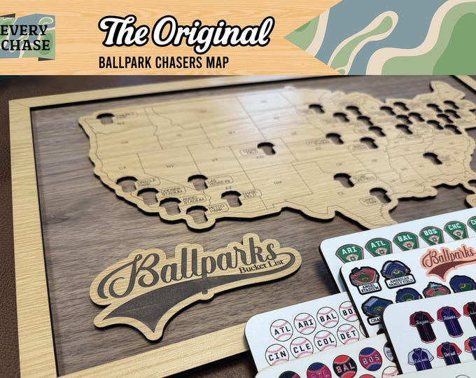 Baseball Ballparks Bucket List Map – Wooden Stadium Tracker Wall Art with Tokens – Gift for Baseball Fans