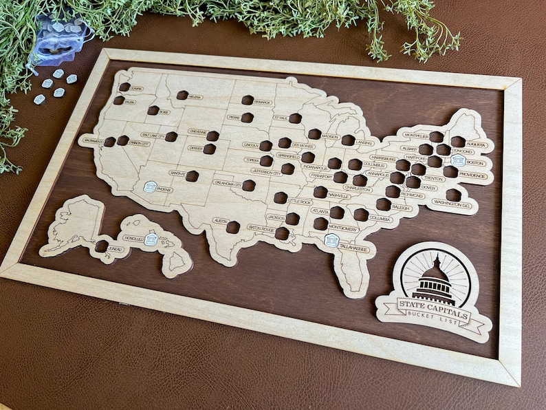 U.S. State Capitals Bucket List Map – Wooden Travel Tracker With Tokens ...