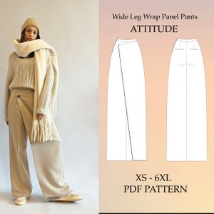 Op de afbeelding: Een digitaal naaipatroon voor een wijde broek met wikkelpanelen. Het patroon is verkrijgbaar in de maten XS tot 6XL en is een PDF-download. De afbeelding toont een model dat de broek draagt met een beige trui en sjaal.