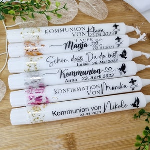 Kerze mit Spruch | Gastgeschenk | Taufe | Kommunion | Konfirmation | Personalisiert | Gold | Rosa | Tischdeko | Stabkerze | Blattmetall
