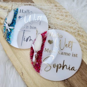Personalisiertes Namensschild Baby Acryl | Hallo Welt Schild Geburt | Newborn Deko mit Glitzer & Trockenblumen | Geschenk zur Geburt