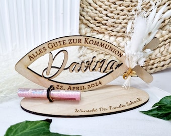 Geldgeschenk | Kommunion | Taufe | Konfirmation | Firmung | Fisch mit Name | Personalisiert | Trockenblume | Aufsteller | Geschenkidee