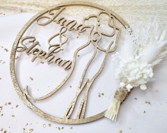 Geschenk zur Hochzeit | Namensschild aus Holz | Personalisiert | Tür Kranz | Hochzeitsgeschenk | Türschild | Gold | Silbe | Holzkranz