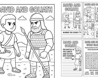 May include: Black and white line art of David and Goliath, with text "DAVID AND GOLIATH" at the top. The image includes illustrations of the biblical figures and activity pages.
