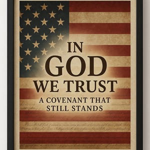 Op de afbeelding: Ingelijste print met de Amerikaanse vlag met de tekst "IN GOD WE TRUST" en "A COVENANT THAT STILL STANDS". Het kunstwerk heeft een vintage, distressed look met een zwarte lijst. De sterren en strepen van de vlag zijn zichtbaar.