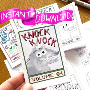 Op de afbeelding: Een klein boekje getiteld Knock Knock Volume 04 met een cartoon wolf illustratie op de omslag. Het boekje maakt deel uit van een set printbare pagina's met zwart-wit lijntekeningen, waaronder een politieauto en tekstballonnen.