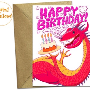 Dragon Happy Birthday Card to Son, Daughter, Kids, Niece or Nephew, PRINTABLE Birthday Gift to Dragon Rider, Fantasy Fan, Digital Download