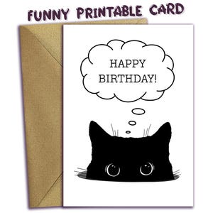 Grappige gelukkige verjaardagskaart van Black Cat, AFDRUKBARE verjaardagskaart voor kattenliefhebber, kattenvader, kattenmoeder, digitale download verjaardagskaart