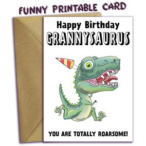 Feliz cumpleaños Grannysaurus, tarjeta de cumpleaños para abuela IMPRIMIBLE, tarjeta de cumpleaños de dinosaurio para abuela, divertida tarjeta de dinosaurio TRex, descarga digital