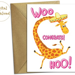 Tarjeta divertida de felicitación por embarazo y bebé (jirafa bailarina), descarga digital imprimible, tarjeta de baby shower para mamá, papá y padres primerizos.