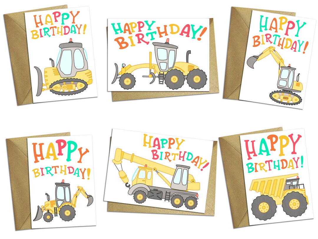 PRINTABLE Happy Birthday Cards Set, 6 Birthday Cards, Construction ...