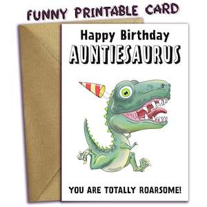 Joyeux anniversaire tante, carte d'anniversaire tantine imprimable, carte d'anniversaire dinosaure pour tante, carte Dino T Rex drôle, téléchargement numérique