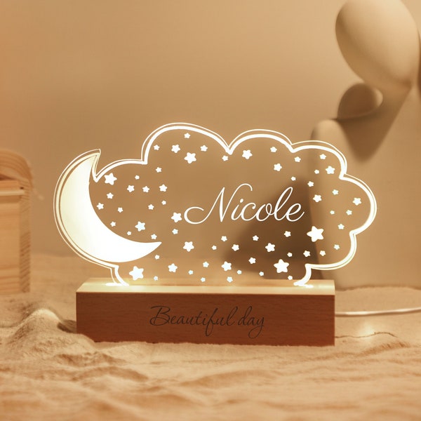 Goodnight Moon Night Light, Cadeaux d’anniversaire personnalisés pour enfants, lampe de lune personnalisée, signe de nom en acrylique pour veilleuse de chambre d’enfant, cadeau personnalisé pour les amoureux des étoiles