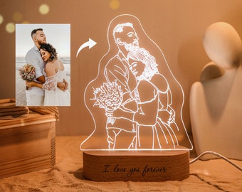 Personalized Line Art Photo Lamp, 3D Photo Light Nightlight, LED Light Night Light, Engraved Name Light, Wedding Decor Picture, Gift for Her