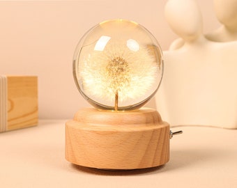 Dandelion Crystal Ball Night Light, Wooden Rotating Music Box, Epoxy Resin Music Box Decorative Light, Birthday Gift for Her, Holiday Gifts