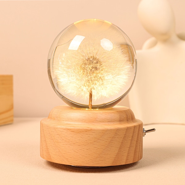 Dandelion Crystal Ball Night Light, Wooden Rotating Music Box, Epoxy Resin Music Box Decorative Light, Birthday Gift for Her, Holiday Gifts