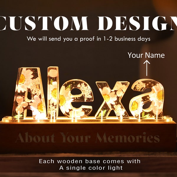 Flower Name Resin Lamp, Custom Art Flower Lamp with Name, Personalized 3D Letter Lamp, Handmade Flower Lamp, Gift for Friend Lover Family