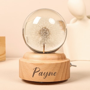 Music Box Rotating Dandelion Night Light, Epoxy Resin Luminous Crystal Ball, Wooden Music Box, Christmas Gift, Best Gift for Birthday