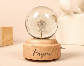 Boîte à musique veilleuse pissenlit rotative, boule de cristal lumineuse en résine époxy, boîte à musique en bois, cadeau de Noël, meilleur cadeau d'anniversaire