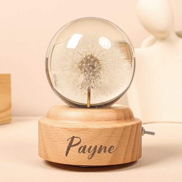 Music Box Rotating Dandelion Night Light, Epoxy Resin Luminous Crystal Ball, Wooden Music Box, Christmas Gift, Best Gift for Birthday