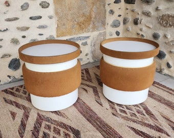 Set of 2 end tables in plastic and suede from the 1970s for interior decoration or gift idea