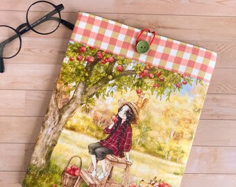 funda de libro retro, funda de libro acolchada, bolsa de libro con cierre, dulce niña comiendo una manga de libro de manzana, libro hecho a mano beau, el hechizo de amor