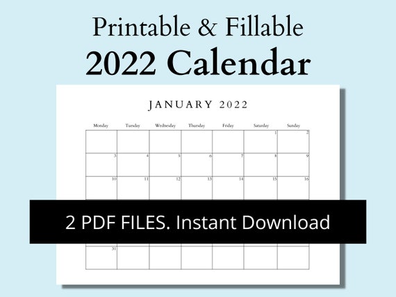 2022 Monthly Calendar, Printable & Fillable. Minimalist Calendar. Printable  Calendar Template. Monday/sunday Year Calendar Start. A4. PDF. - Etsy