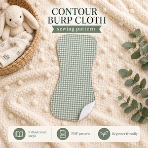 May include: A contour burp cloth sewing pattern featuring a green and white gingham check fabric. The text reads CONTOUR BURP CLOTH sewing pattern, 9 illustrated steps, PDF pattern, and Beginner friendly. A plush toy and leaves are visible.