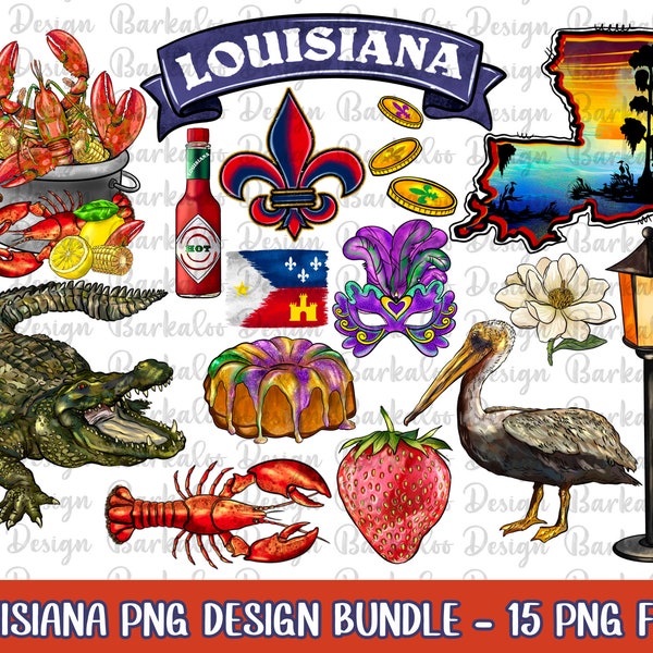 Louisiana Png Sublimation Design Bundle, Handgezeichnete Louisiana Digital Clipart, Set von 15 Louisiana Png Datei, Louisiana State Png Downloads