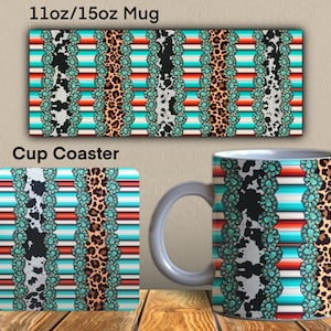 May include: A turquoise, brown, white and red striped mug and coaster set with a cowhide, leopard and turquoise design. The mug is 11oz/15oz. Cup Coaster.