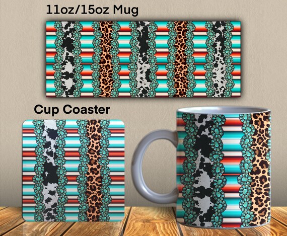Western 11oz and 15oz Mug PNG Sublimation Designs, Cowhide, Serape, Leopard, Square Cup Coaster Template, Western Mug PNG Design Downloads