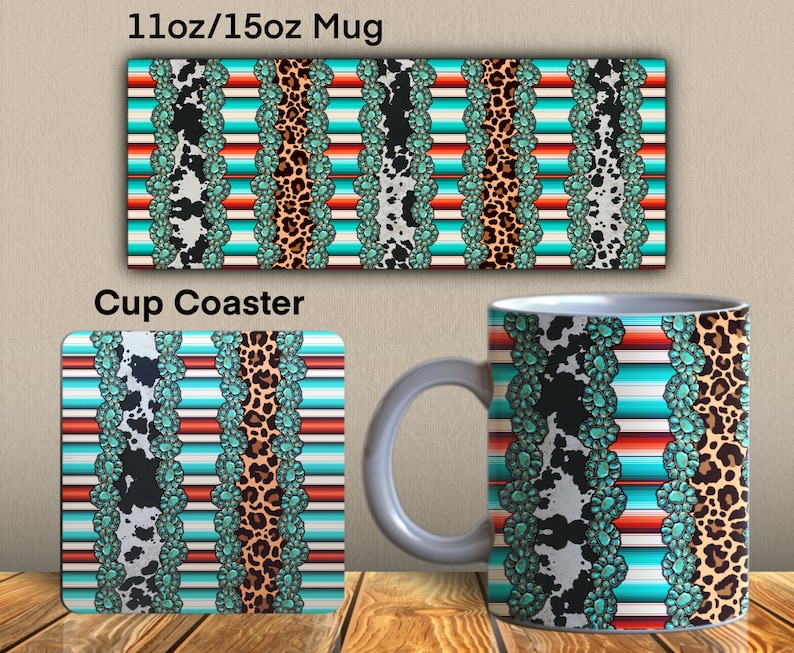 May include: A turquoise, brown, white and red striped mug and coaster set with a cowhide, leopard and turquoise design. The mug is 11oz/15oz. Cup Coaster.