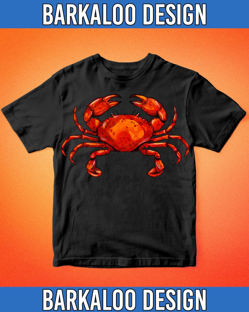 May include: Black t-shirt with a red crab illustration. The crab has large claws and is facing forward. The text "BARKALO DESIGN" is at the top and bottom of the image.