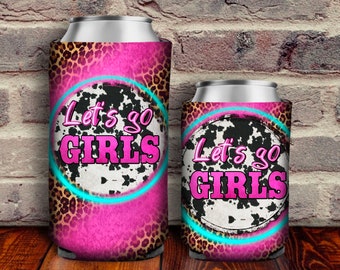 Western Let's Go Girls Can Cooler PNG Sublimation Design, Cowhide Leopard Can Holder, 12 oz. Can Cooler Template, Can Cooler PNG Downloads