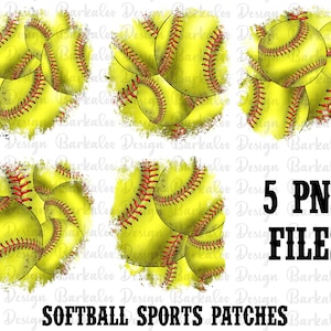 Peut inclure: Cinq graphiques numériques de motifs de softball jaunes et rouges sur un fond blanc vieilli. Le texte "5 PNG FILES" et "SOFTBALL SPORTS PATCHES" se trouve en bas de l'image.