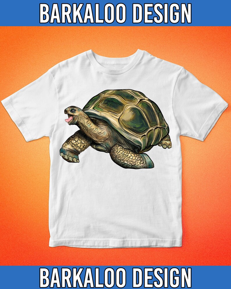 May include: White t-shirt with a cartoon illustration of a green and brown tortoise with its tongue sticking out.