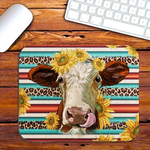 Serape Leopard Hereford Heifer Mouse Pad Png, Sublimation Design, Sunflower Heifer Cow Mouse Pad, Customized Mouse Pad PNG Design Downloads