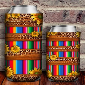 Leopard Serape Sunflowers Can Cooler PNG Sublimation Design, Western Can Holder, 12 oz. Can Cooler Template, Can Cooler PNG,Digital Download