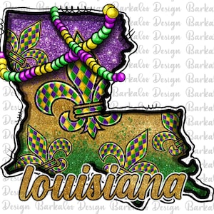 Mardi Gras Louisiana State Map Sublimation Design, Mardi Gras Png,Louisiana Map PNG,Mardi Gras Fleur De Lis,Louisiana Carnival Png Downloads