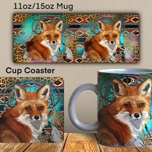 May include: A gray ceramic mug with a colorful design featuring a red fox, dreamcatcher, and feathers. The mug is 11oz/15oz. A matching cup coaster with the same design is also shown.