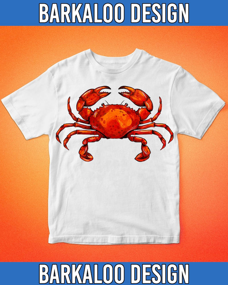 May include: White t-shirt with a red crab illustration on the front. The crab is facing forward with its claws raised.