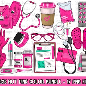 Pacchetto clipart infermiera colore rosa caldo, pacchetto infermiera png, clipart infermiera, vita infermiera png, elementi infermiera png, download di disegni sublimati