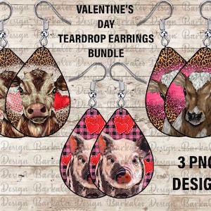 Valentine&#39;s Day Teardrop Earrings PNG Sublimation Design Bundle, Western Valentine Calf Earrings Png,Pig Earrings Png,Earrings Png Downloads