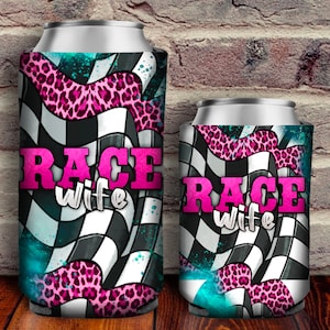 May include: Two black and white checkered can coolers with pink leopard print accents. The larger cooler has the text "Race Wife" in pink letters. The smaller cooler has the same design and text.