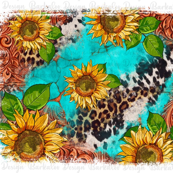 Western Sunflowers Turquoise Cowhide Background Png Sublimation Design, Western Png Background, Western Png, Background Png,Digital Download