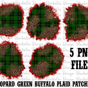 May include: Five digital clipart images of leopard print and green buffalo plaid patterns with a red distressed border. The text "5 PNG FILES" is at the bottom of the image.