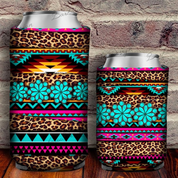 Aztec Leopard Turquoise Gemstone Can Cooler PNG Sublimation Design, Western Can Holder, 12 oz. Can Cooler Template, Can Cooler PNG Downloads