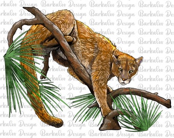 Florida Panther On The Tree Png Sublimation Design, Hand Drawn Panther Png, Panther Portrait Png,Panther Clipart,Animal Design Png Downloads